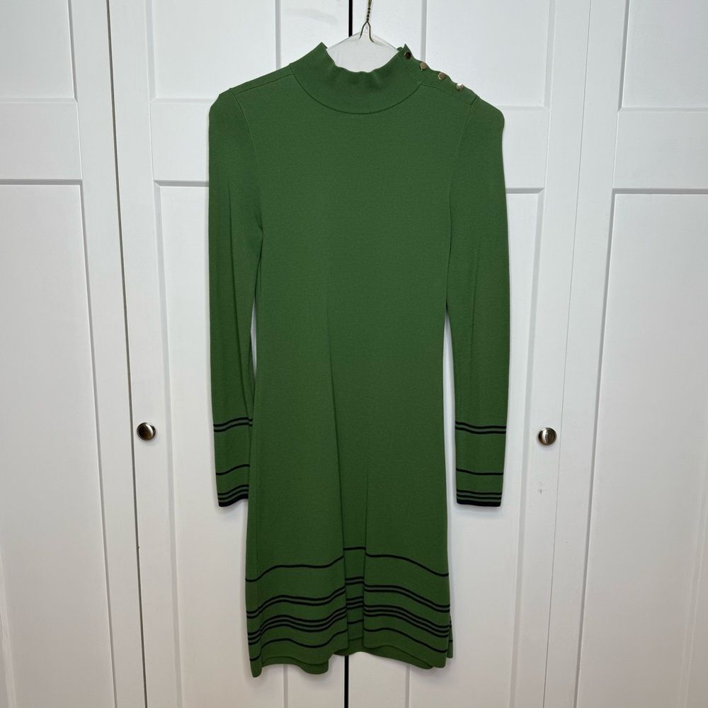 Ann Taylor Green Long Sleeve Knit Dress with Black Stripe Detail